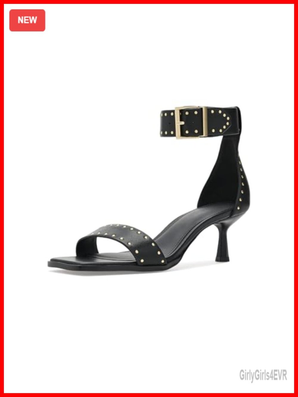 Ankle Strap Sandals with Studs and Oversized Gold Buckle, Flare Heel and Square